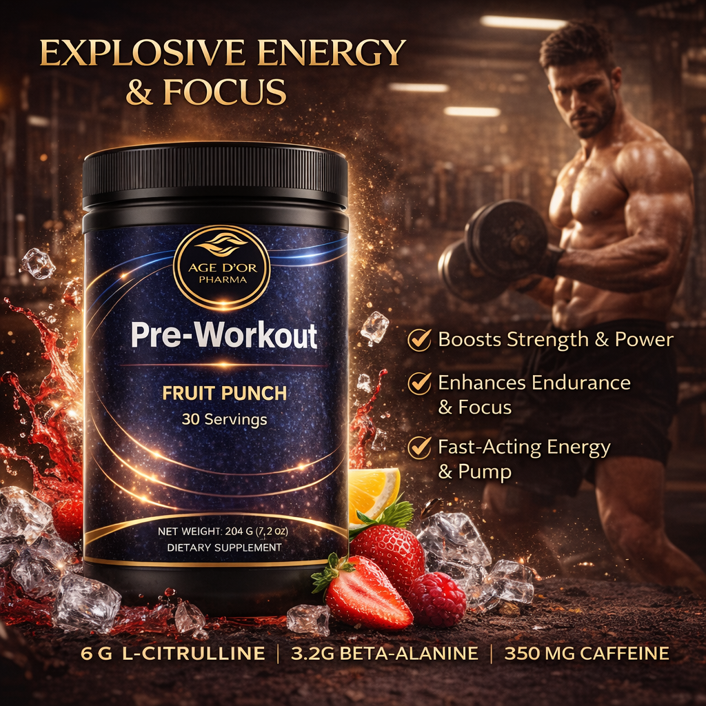 Pre-workout supplement container with a muscular man lifting weights in the background