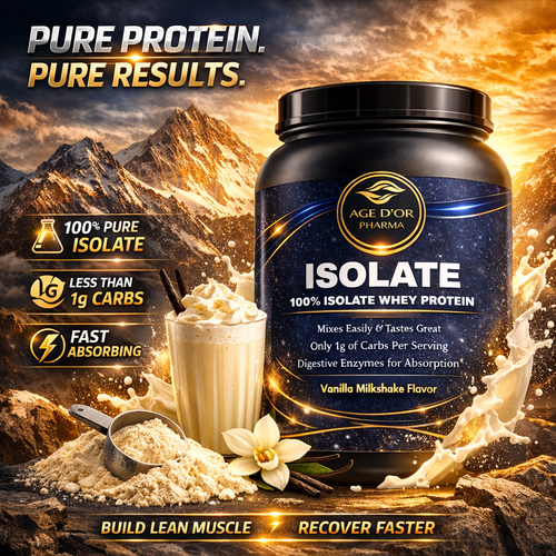 Age D'Or Pharma isolate whey protein container with mountain background