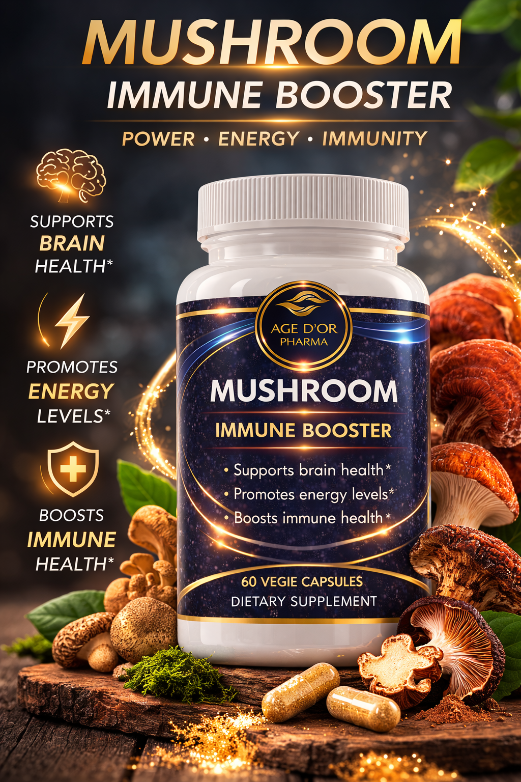 Mushroom immune booster supplement bottle with ingredients on a wooden background