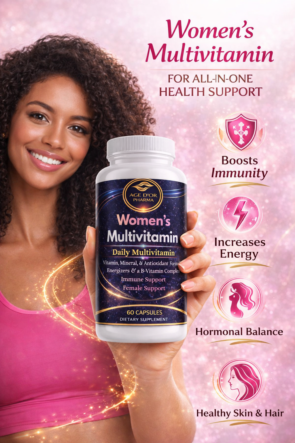 Woman holding a bottle of 'Women's Multivitamin' with product features on a pink background