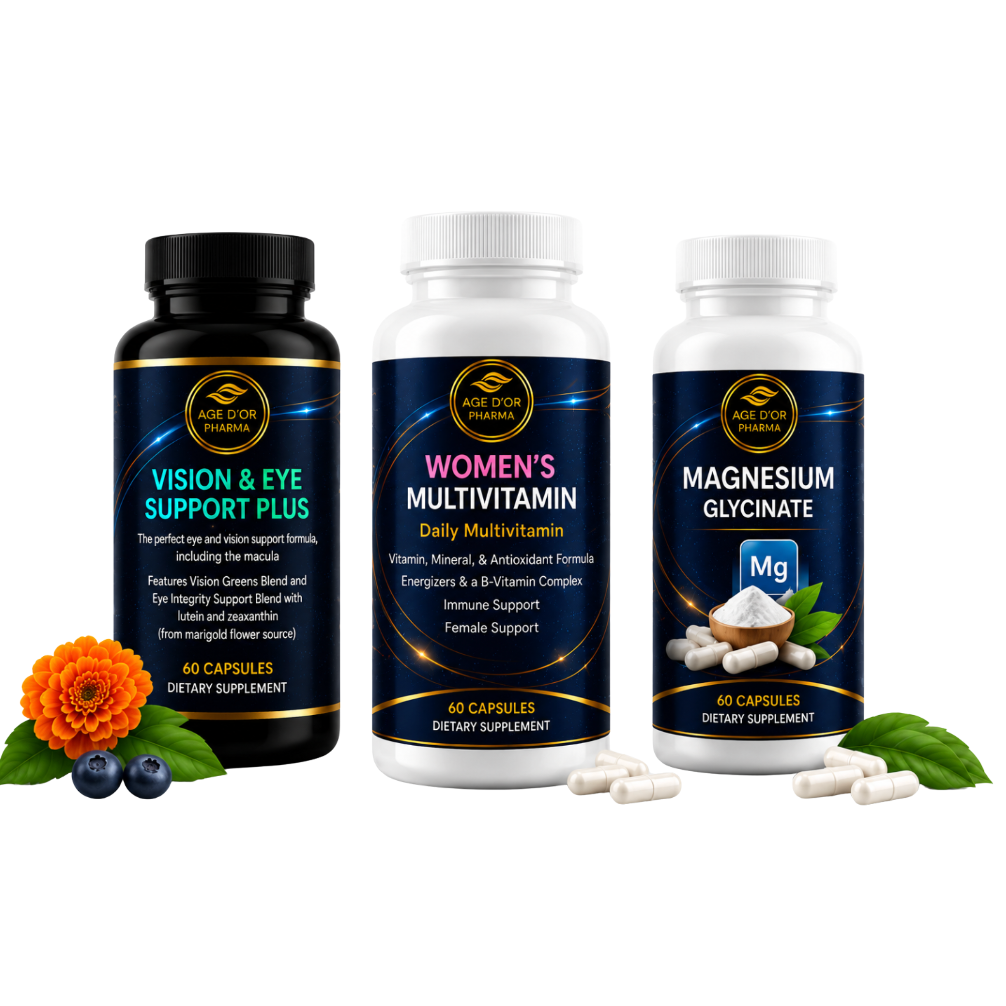 Three dietary supplement bottles with labels for Vision & Eye Support Plus, Women's Multivitamin, and Magnesium Glycinate on a white background.