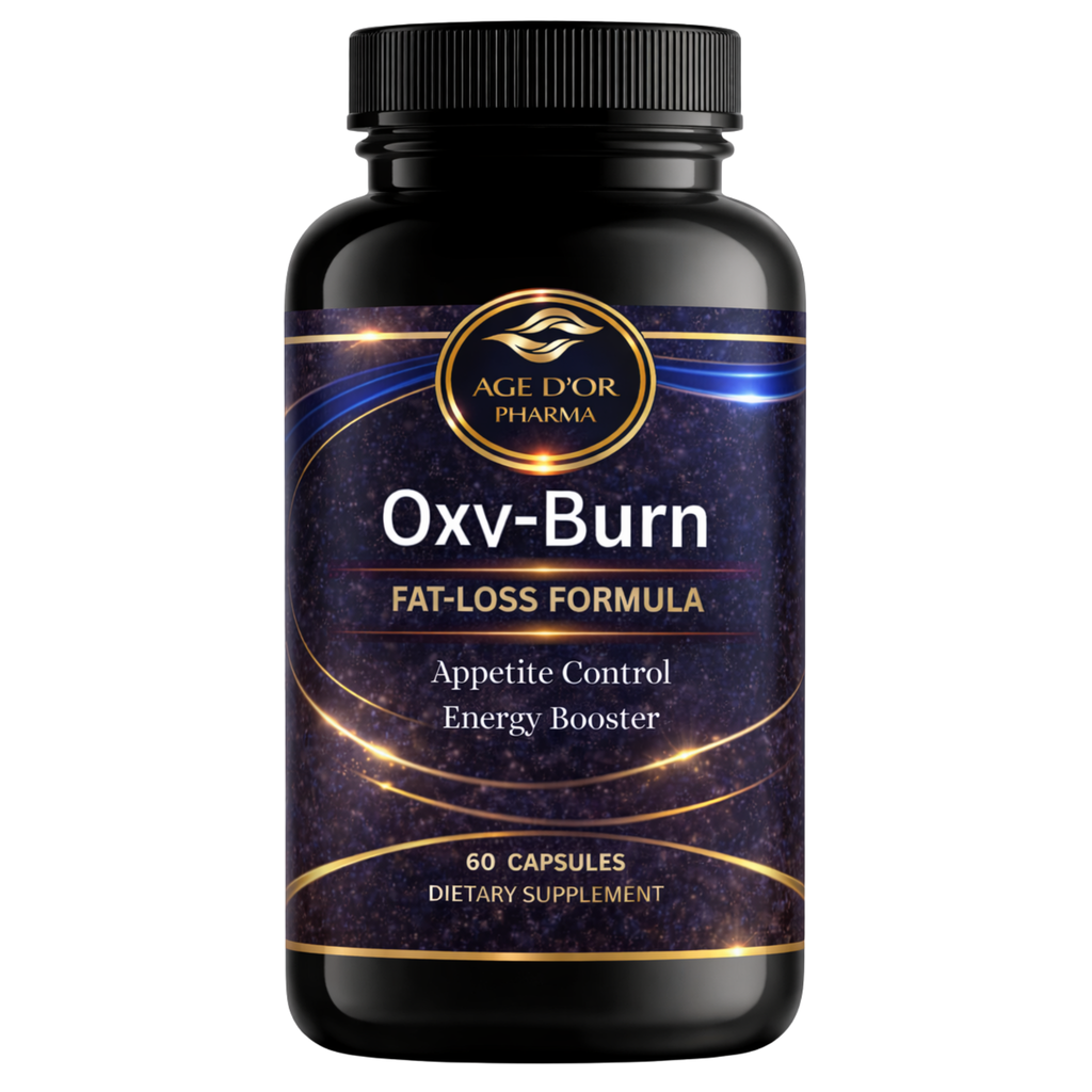 Supplement bottle labeled 'Oxv-Burn' by Age D'Or Pharma on a white background