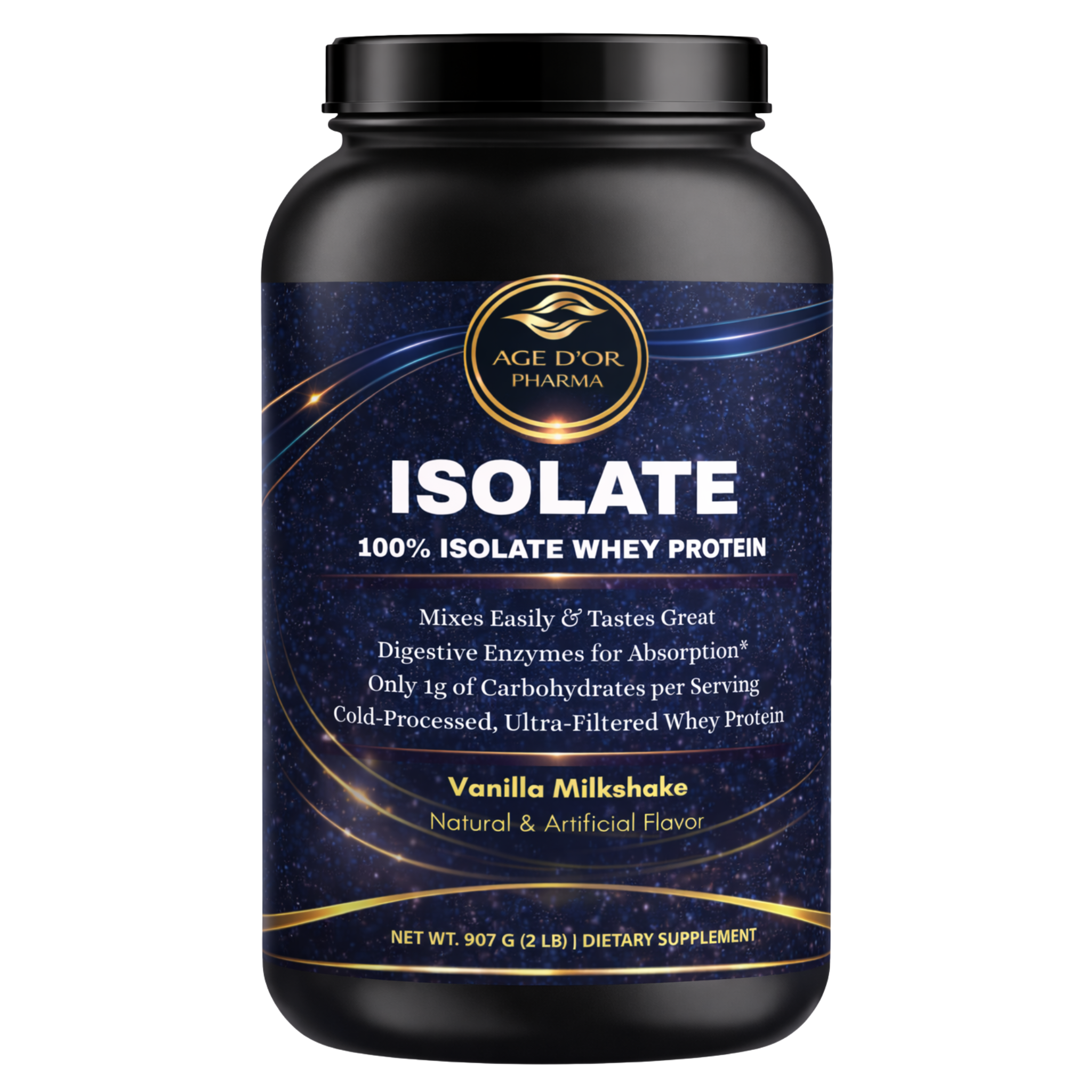 Black container of Age'or Pharma 100% Isolate Whey Protein on a white background