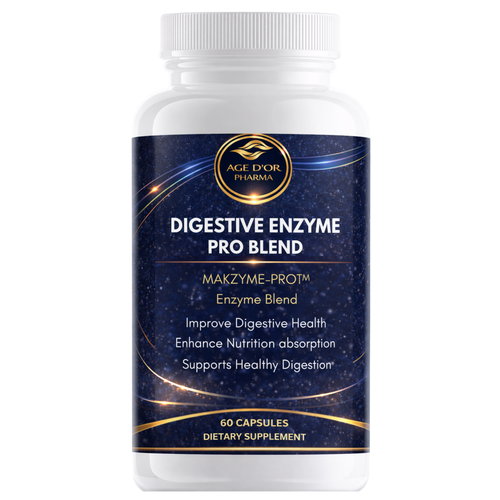 Digestive Enzyme Pro Blend supplement bottle with blue label on a white background