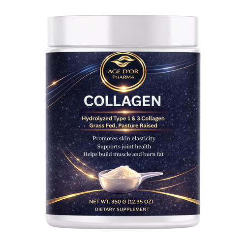 Collagen supplement container with Age-Or Pharma branding on a white background