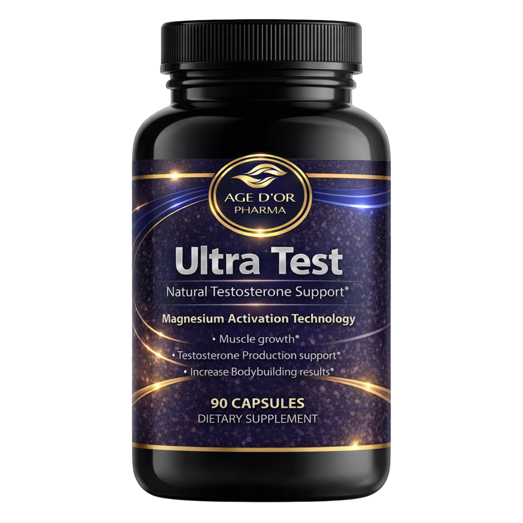 Supplement bottle labeled 'Ultra Test' by Age'Or Pharma on a white background