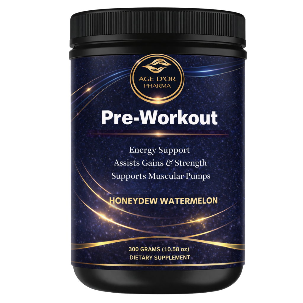 Pre-workout supplement container with blue label and black lid on a white background