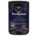 Pre-workout supplement container with blue label and black lid on a white background