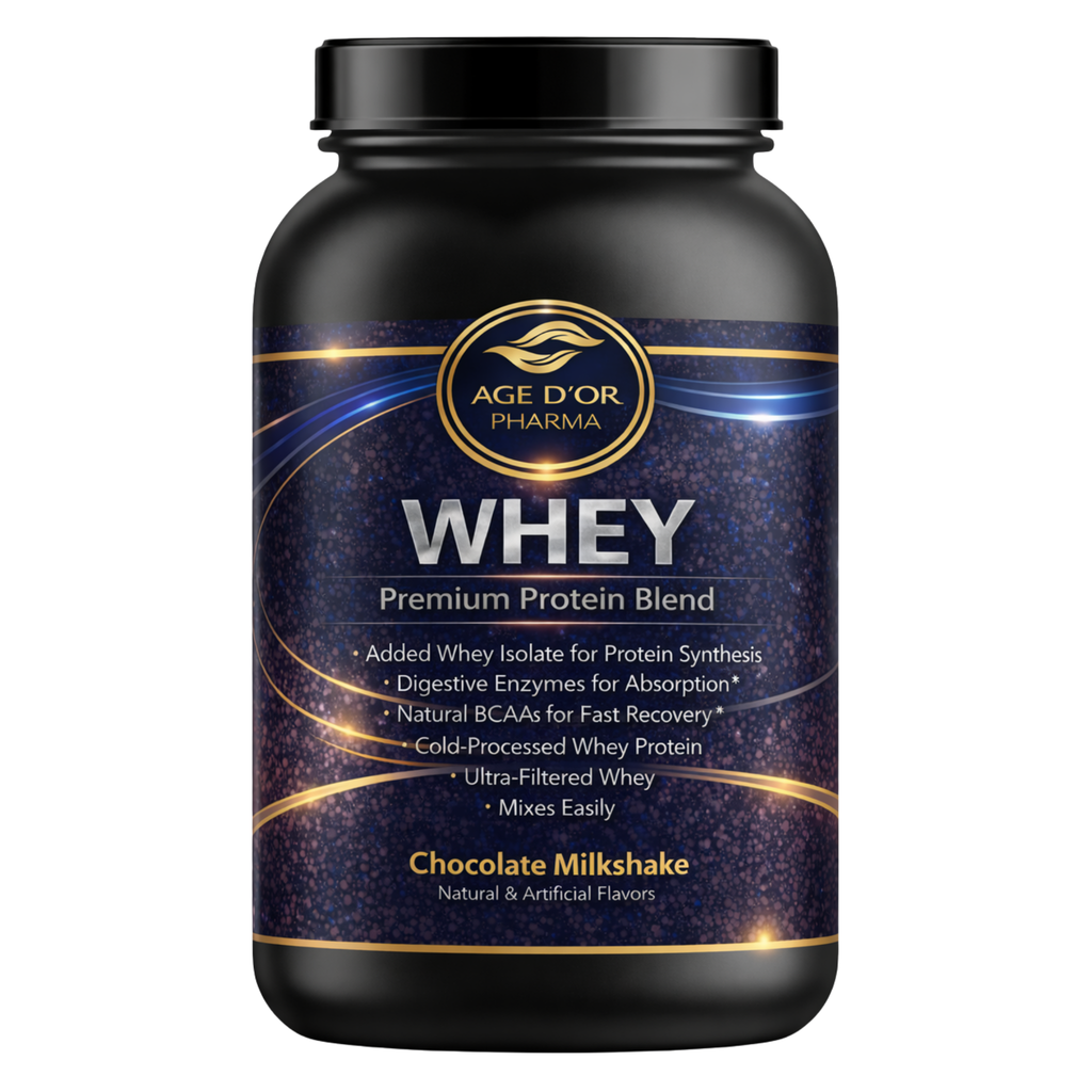 Protein powder container with Age'or Pharma branding on a white background