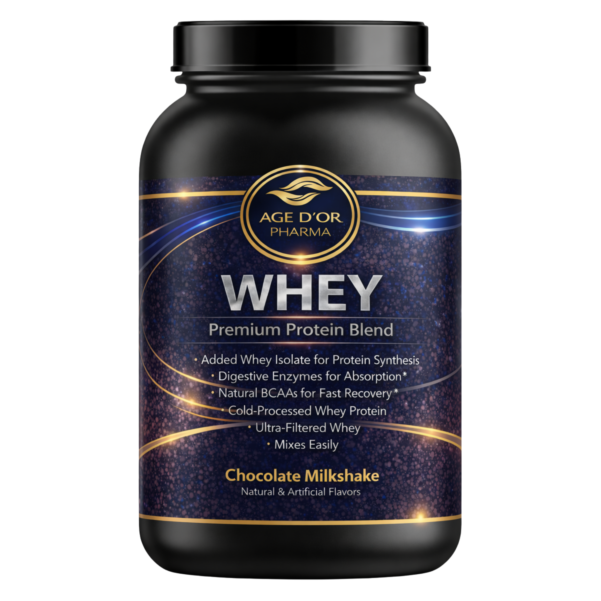 Protein powder container with Age'or Pharma branding on a white background