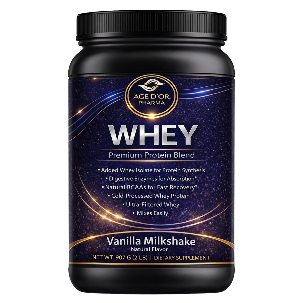 Black container of Age'or Pharma Whey protein supplement on a white background