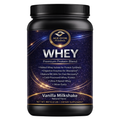 Black container of Age'or Pharma Whey protein supplement on a white background