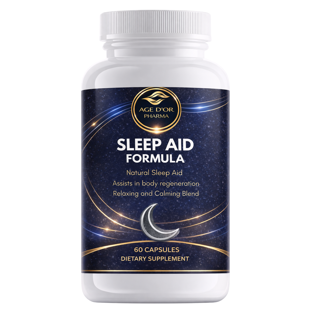 Sleep aid formula supplement bottle with blue label on a white background