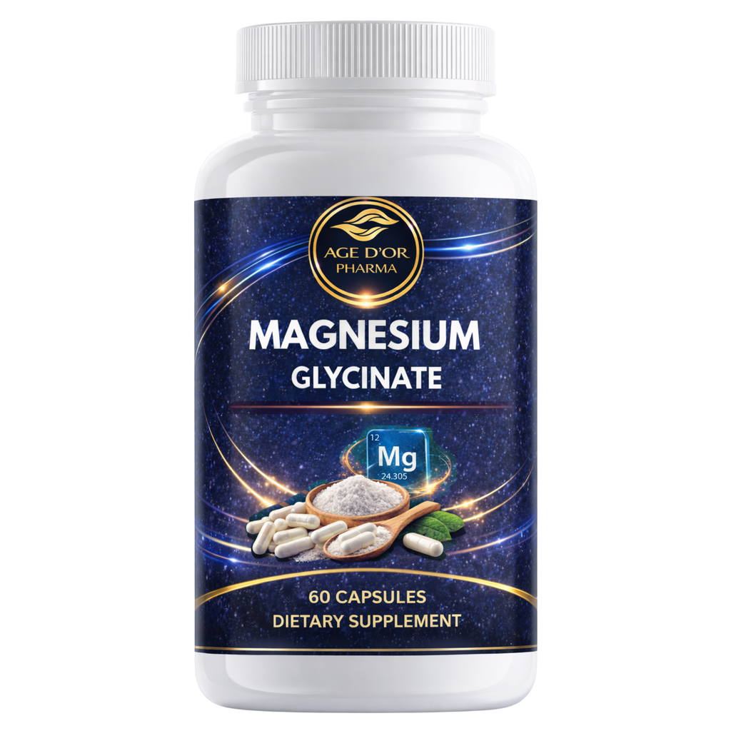 Supplement bottle labeled 'Magnesium Glycinate' by Age'or Pharma on a white background