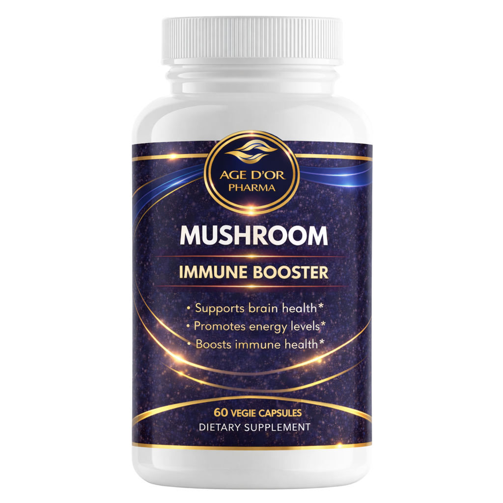 Supplement bottle labeled 'Mushroom Immune Booster' by Age D'or Pharma on a white background