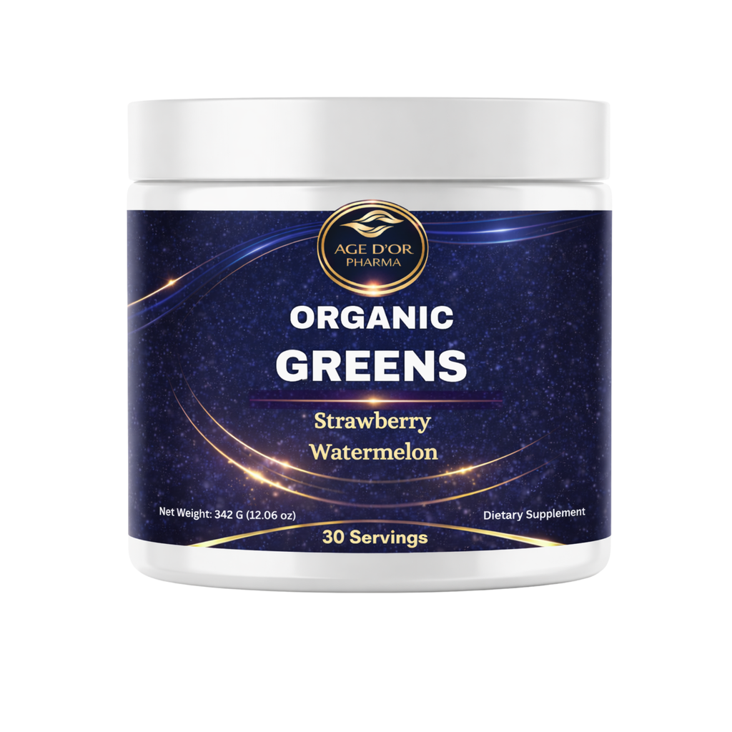 Dietary supplement container labeled 'Organic Greens' with 'Age On' branding on a white background