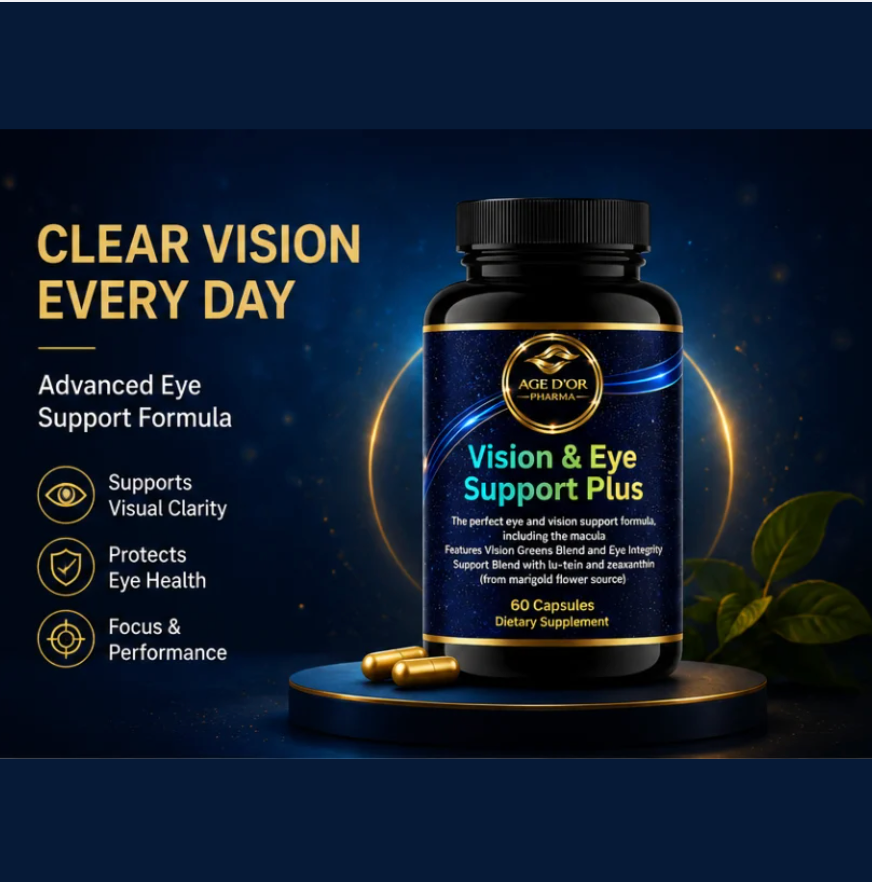 A bottle of Age Dnyor Vision & Eye Support Plus dietary supplement with two capsules, displayed on a black pedestal against a dark blue background with glowing gold rings and text on the left.