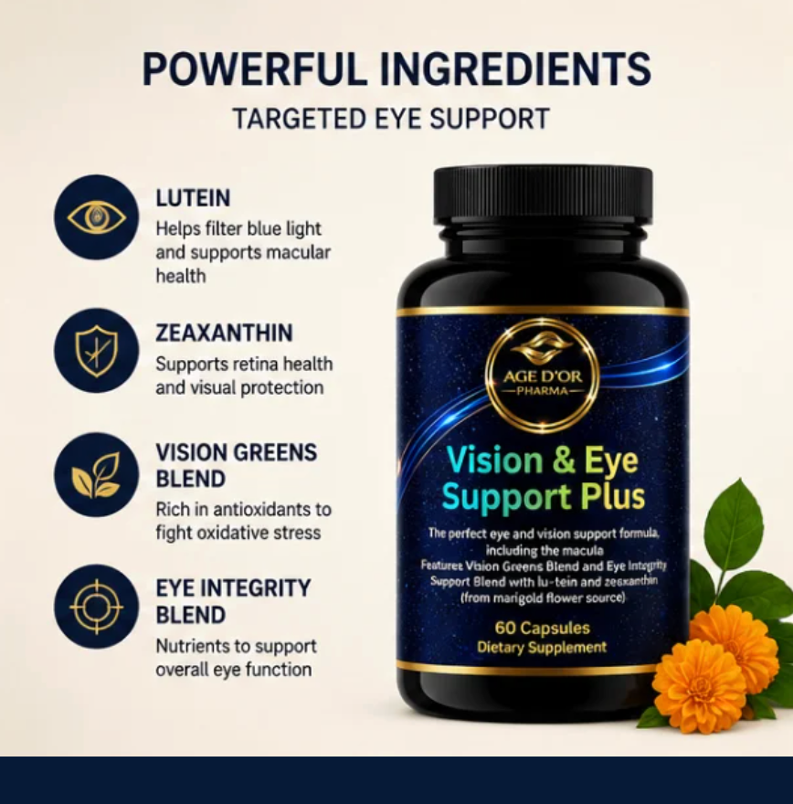 A bottle of Age Dyor Premium Vision & Eye Support Plus dietary supplement shown on a light beige background with text listing key ingredients: lutein, zeaxanthin, and vision greens blend. The bottle is dark blue with a black cap, and orange marigold flowers appear at the bottom right.